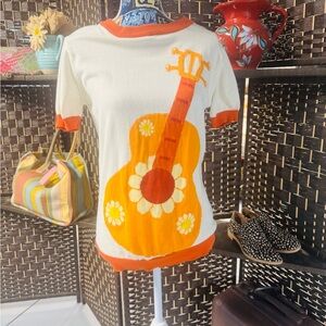 Retro Guitar Print Shirt - Orange & White